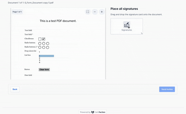 Screenshot of a user interface for filling out and signing a PDF form with various input fields, including text fields, checkboxes, radio buttons, drop-down lists, list boxes and a button for resetting the form, as well as an area for placing signatures on the right-hand side.