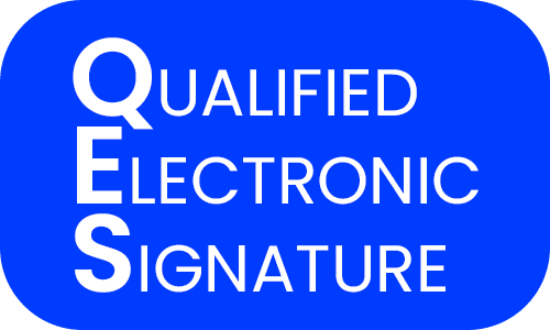 Blaues Rechteck mit abgerundeten Ecken und weißem Text, der die Wörter Qualified, Electronic, Signature mit den hervorgehobenen Anfangsbuchstaben Q, E, S anzeigt
