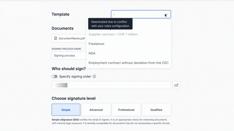 User interface of a digital signature process with selection of a form template that is deactivated due to a role conflict, multiple options for different contract types, input field for specifying the order of signatories, and selection of different signature levels from simple to qualified.