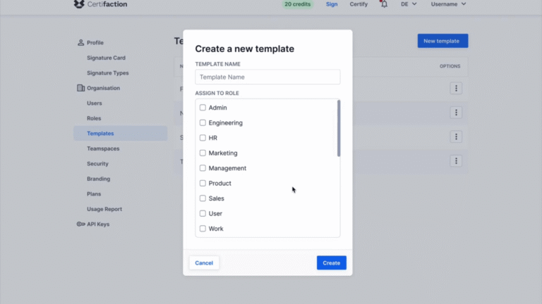 User interface of a software program with an open window for creating a new template, showing input fields for the template name and a role assignment list with options such as Admin, Engineering, HR, Marketing, Management, Product, Sales, User and Work, as well as buttons for cancelling and creating the template.
