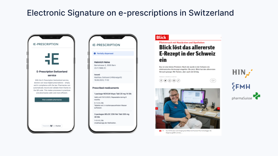 Depiction of the electronic signature on e-prescriptions in Switzerland with two smartphone screens showing an e-prescription app, including text on how to use the service, an article image with a man in front of a computer, and the logos of the organisations HIN, FMH and pharmaSuisse on a white background.