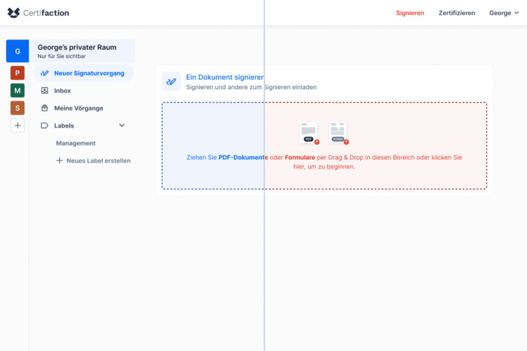 Webseite von Certifaction mit geöffnetem Bereich zum Signieren eines Dokuments, links Navigation mit Optionen wie Neuer Signaturvorgang, Inbox, Meine Vorgänge, Labels und Verwaltung; Hauptbereich zeigt zwei Felder zum Hochladen von PDF-Dokumenten oder Formularen per Drag & Drop oder Klick, Text und Icons zur Dokumentauswahl erkennbar.