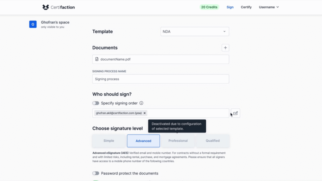 Certifaction user interface with NDA template and uploaded PDF file, input field for the signer, selection of advanced signature level, disabled by template configuration, and options for password protection