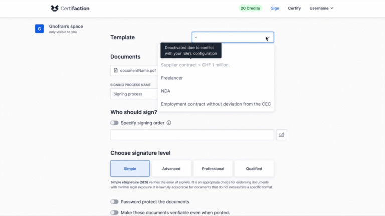 User interface of a digital signature platform with options for selecting a template, uploading a document named ‘documentName.pdf’, assigning a signing process, and selecting the signature level (Simple, Advanced, Professional, Qualified). A drop-down menu shows various contract templates, with one option disabled due to role configuration conflicts. Additional options include specifying the signature order, password protection for documents, and making documents verifiable when printed.