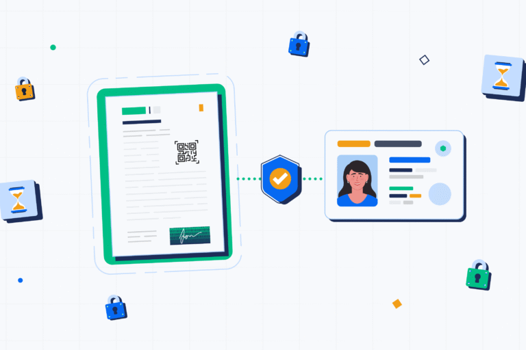 Illustration eines Dokuments mit QR-Code und digitaler Signatur, verbunden mit einer verifizierten Personen-ID-Karte über ein Sicherheitssymbol, umgeben von verschiedenen Vorhängeschlössern und Sanduhr-Icons als Symbole für Sicherheit und Zeit.