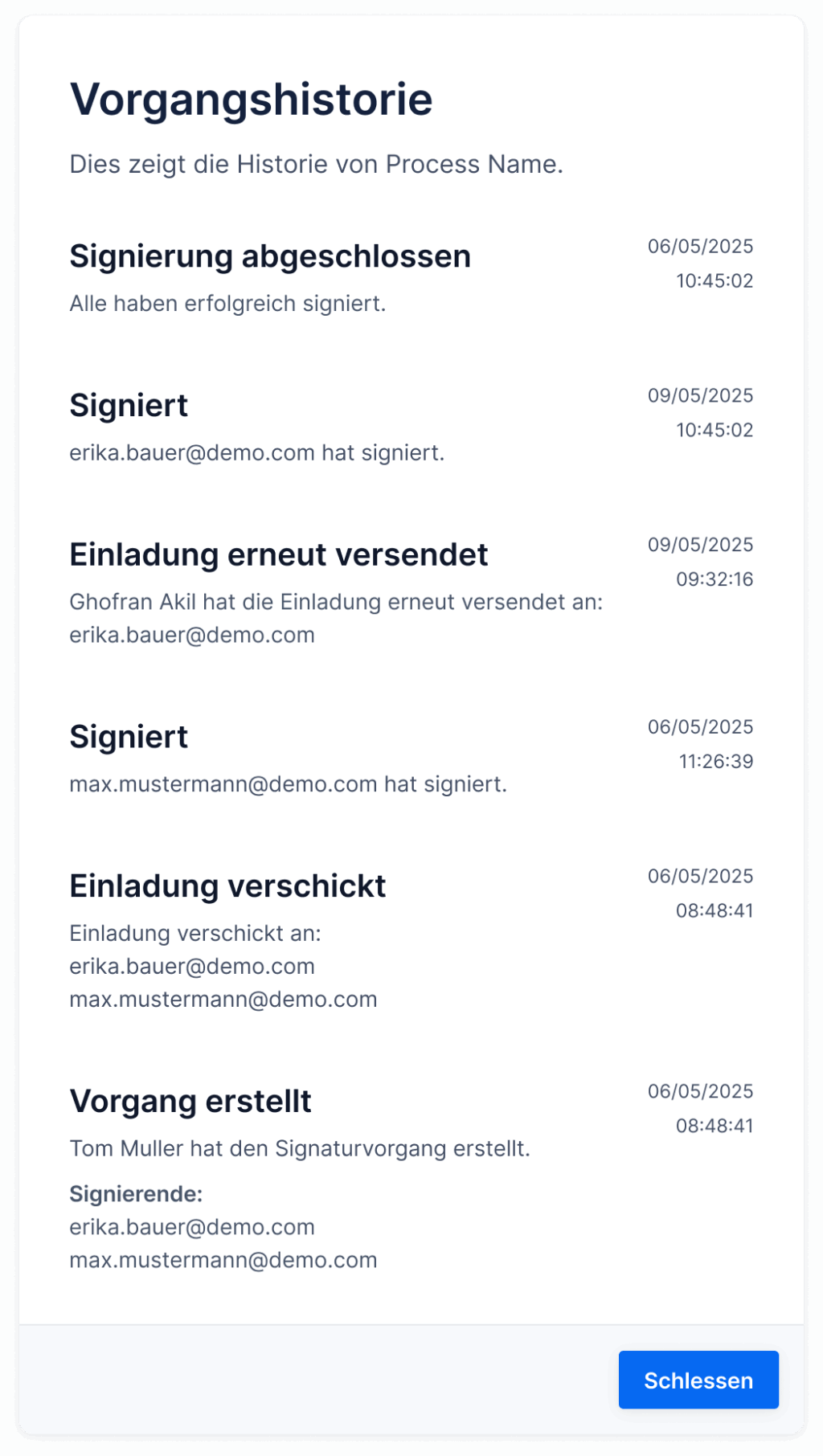 Vorgangshistorie einer Signaturanwendung mit mehreren chronologisch angeordneten Einträgen (Vorgang erstellt, Einladung verschickt, Signiert, Einladung erneut versendet, Signierung abgeschlossen), jeweils mit erläuternden Texten und rechts Datums‑ und Uhrzeitangaben; unten rechts ein Schließen‑Button.