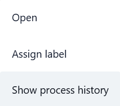 Kontextmenü mit drei Optionen — 'Open', 'Assign label' und dem hervorgehobenen Eintrag 'Show process history'.