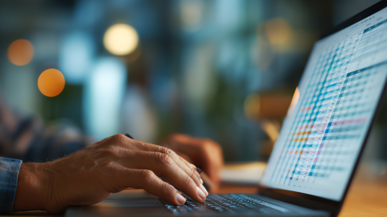 Nahaufnahme von Händen auf einer Laptop‑Tastatur, rechter Bildschirm zeigt eine farbige Tabellenansicht, unscharfer Hintergrund mit warmen Lichtpunkten.