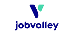 Logo des Unternehmens jobvalley: ein stilisiertes V in Blau und Türkis über dem Firmennamen jobvalley in blauer Schrift auf weißem Hintergrund.