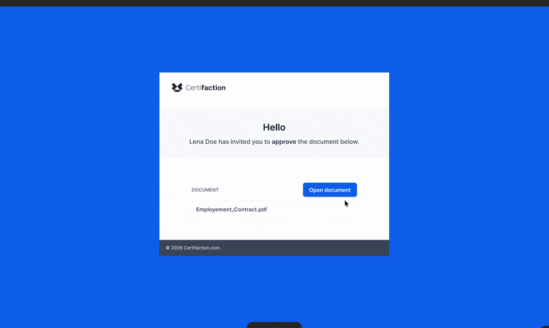 Zentrierte weiße Karte auf blauem Hintergrund von Certifaction mit 'Hello'-Überschrift, Einladung zur Dokumentgenehmigung, blauem 'Open document'-Button und Dateiname Employment_Contract.pdf.