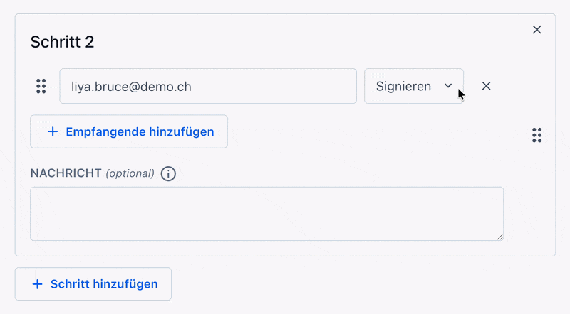Schritt 2 eines Signaturformulars mit Empfänger-E-Mail liya.bruce@demo.ch, Dropdown Signieren, Button Empfangende hinzufügen und optionalem Nachrichtenfeld.