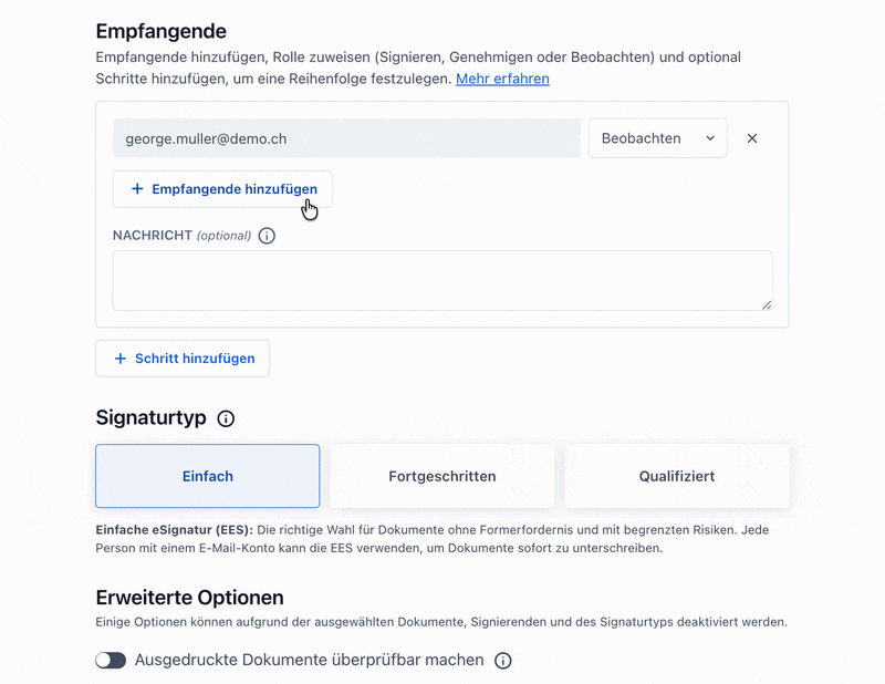 Weboberfläche zum Hinzufügen von Empfangenden mit E‑Mail george.mueller@demo.ch, Rolle Beobachten, Button Empfangende hinzufügen und ausgewähltem Signaturtyp Einfach.