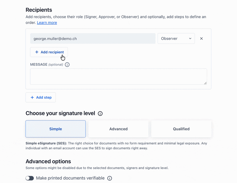 Empfängerformular mit E‑Mail george.muller@demo.ch als Observer, Add recipient‑Schaltfläche und aktivem Signaturlevel "Simple".