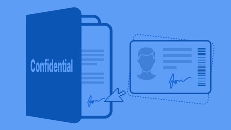 Ordner mit Aufschrift Confidential und Dokument mit Unterschrift, ein pixeliger Cursor überträgt Daten auf eine Ausweiskarte.