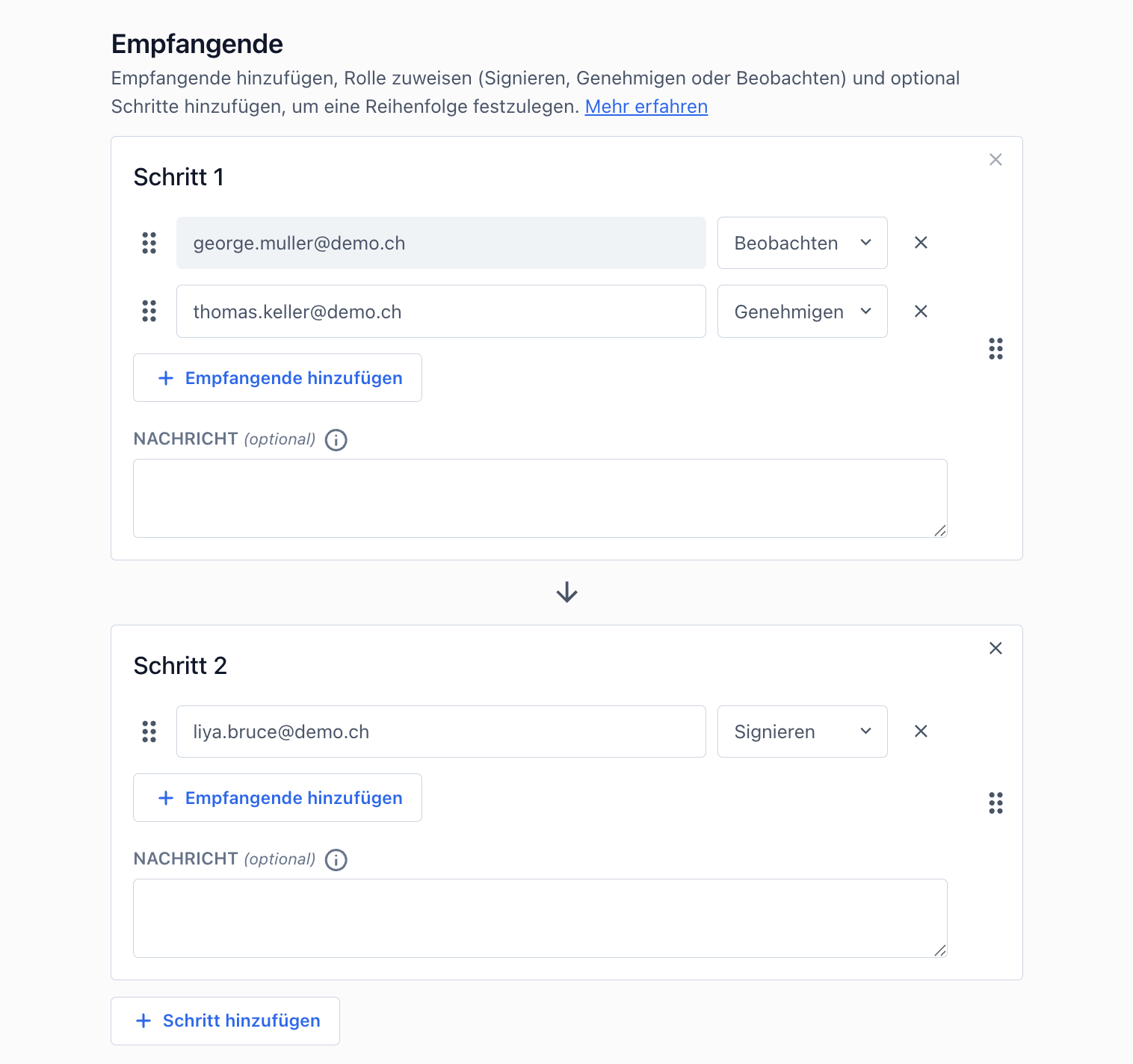 Formular zur Empfängerverwaltung mit Schritt 1 und 2, E‑Mail‑Feldern mit Demo‑Adressen und Rollen‑Dropdowns