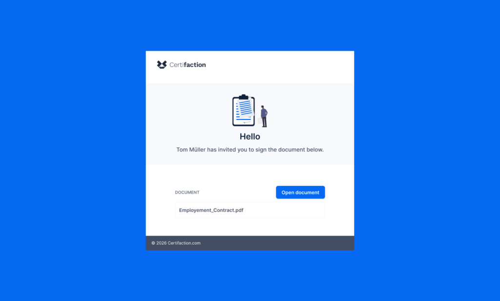 Einladungs-E‑Mail von Certifaction auf blauem Hintergrund mit Icon, Begrüßung, Open document‑Button und Datei Employment_Contract.pdf