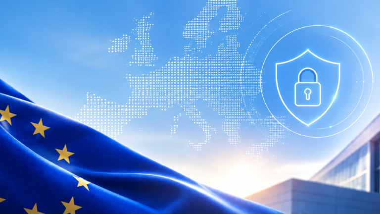 EU-Flagge vor einer digitalen Europakarte mit Schutzschild und Schloss als Symbol für digitale Souveränität und Datenschutz in Europa