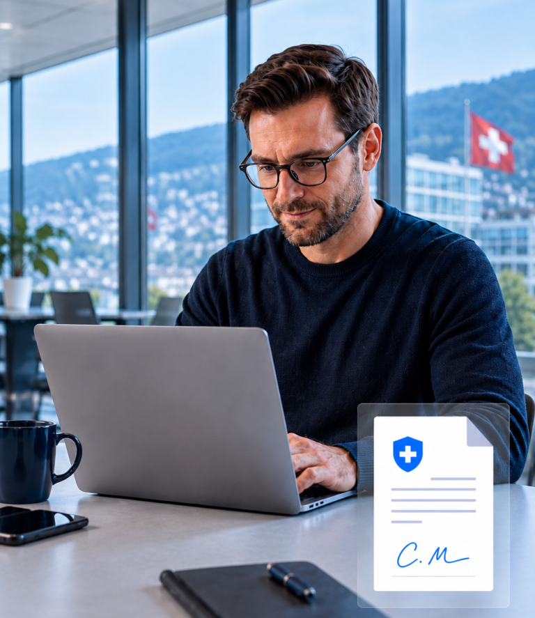 Mann arbeitet am Laptop in einem modernen Büro in Zürich mit Schweizer Fahne im Hintergrund, daneben ein elektronisch signiertes Dokument