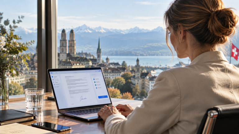 Frau signiert ein Dokument elektronisch am Laptop, mit Blick über Zürich, den Zürichsee und die Alpen