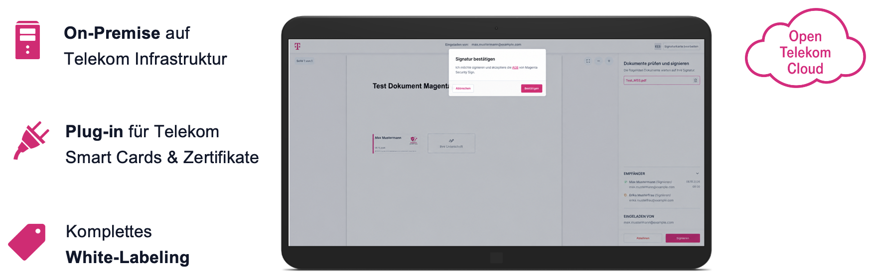 Magenta Security Sign, die White-Label-eSigning-Lösung der Deutschen Telekom: Signatur-Dialog auf einem Tablet, betrieben On-Premise auf der Open Telekom Cloud, mit Plug-in für Telekom Smart Cards und Zertifikate.