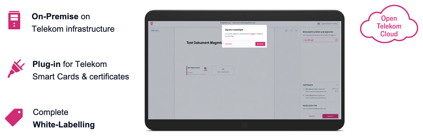 Magenta Security Sign, la solution de signature électronique en marque blanche de Deutsche Telekom : dialogue de signature sur une tablette, exploité sur site sur l’Open Telekom Cloud, avec un plug-in pour les cartes à puce et certificats Telekom.