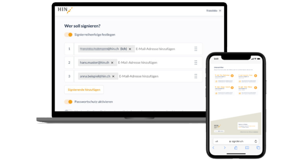 Certifaction WebApp als White Label Version von HIN, dargestellt auf einem PC und einem Smartphone